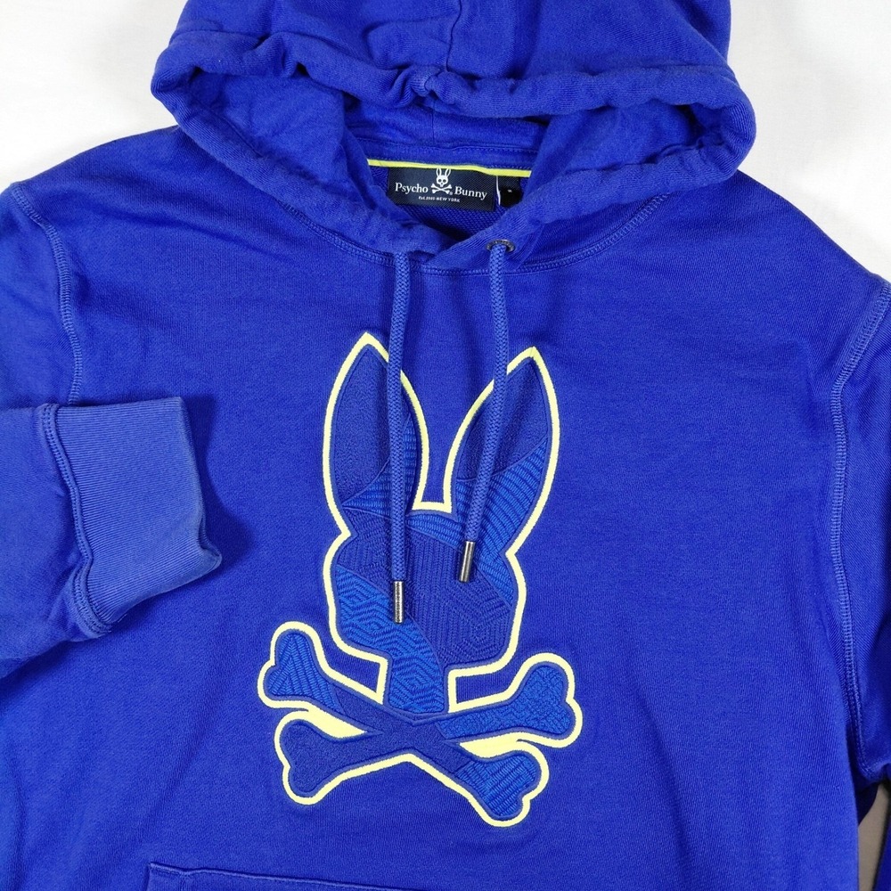 Psycho Bunny Mens Blue Graphic Logo Pullover Hoodie Sweatshirt Size M Cotton